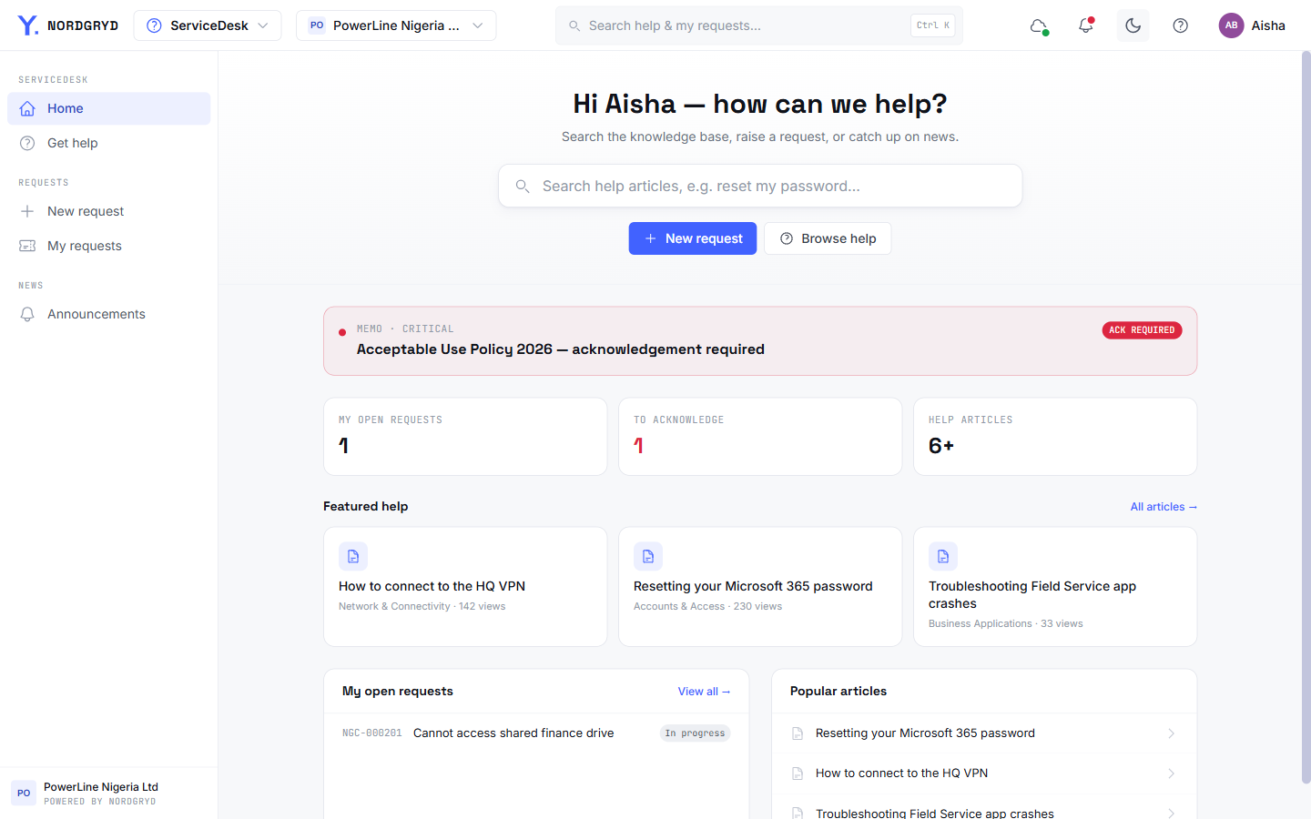 ServiceDesk self-service home